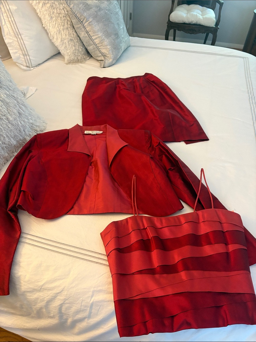 Red Women's Silk 3 piece  suit Set - Top, Jacket & Skirt